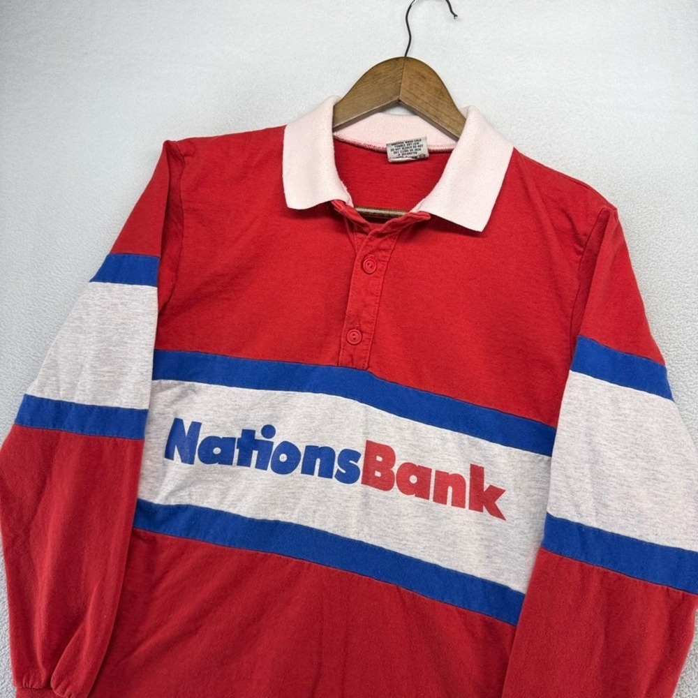 Vintage Nutmeg Mills Rugby Shirt Mens Large Red NationsBank Spellout 90s USA